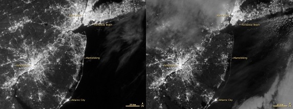 Blackout: Before and after Sandy hit the NY-NJ metro region. CREDIT: NASA