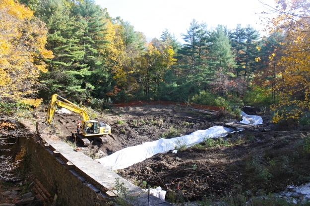 An excavator prepares to remove the first piece of the Bartlett Rod Shop Company Dam. Credit: Meagan Racey/USFWS